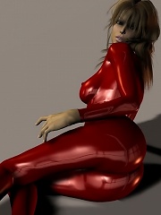 Cute brunette in red pvc poses in 3d